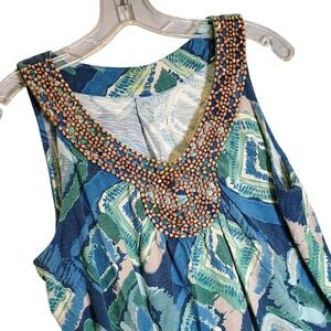 Sonoma Life + Style Beaded Tank Top Women‎ Large Blue Green Ikat Boho V-Neck